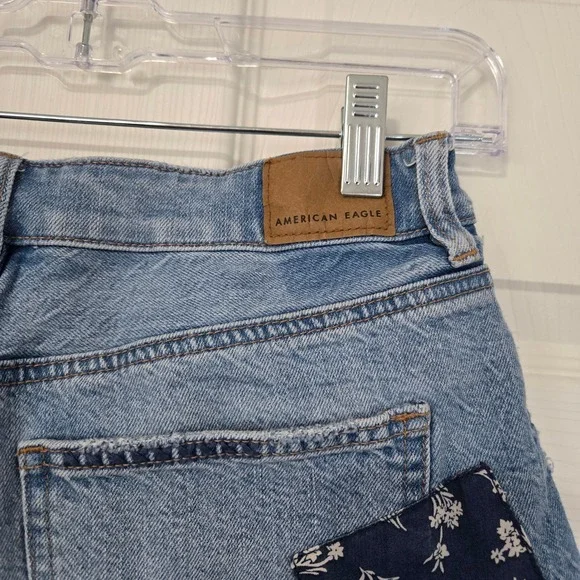 American Eagle 2 Patchwork Denim Shorts Light Wash Boho High Waisted Distressed - Picture 3 of 5